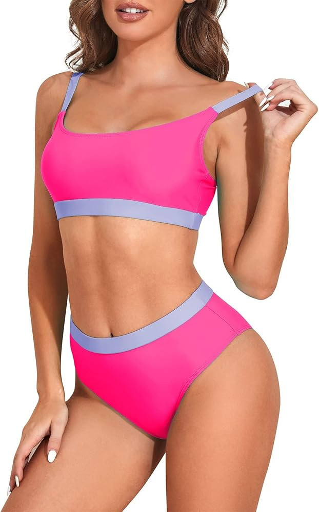 Zando High Waisted Bikini Set for Women Teen Girl Cute Sports Color Block Swimsuit 2 Piece High C... | Amazon (US)