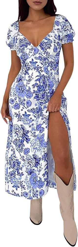 AIMCOO Womens Sweetheart V Neck Floral Midi Dress Short Puff Sleeve Side Split Smocked Back Casua... | Amazon (US)