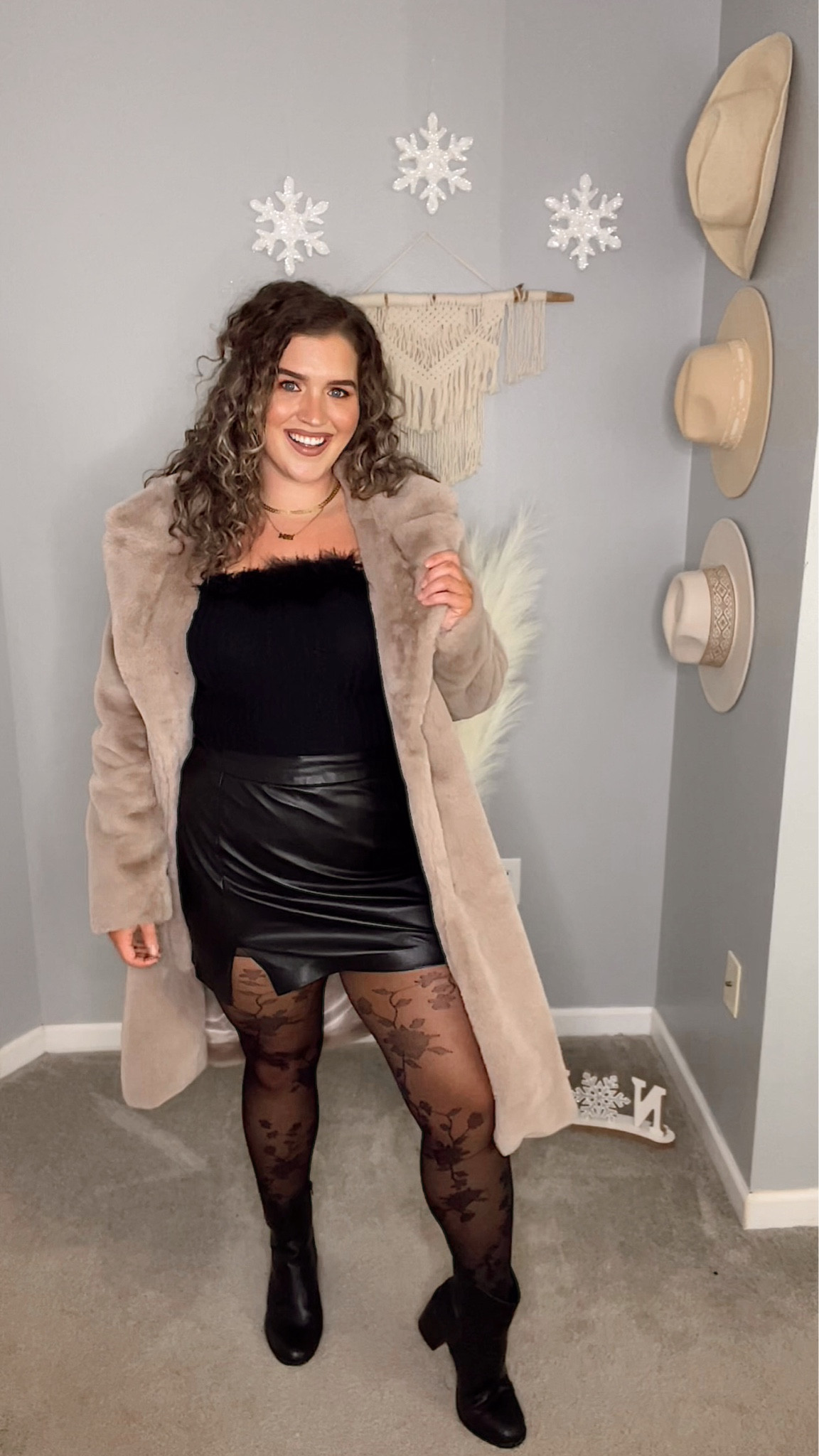 Midsize winter transition date night outfit inspo ❄️🥂 
Top: Original lovely + blush, linking similar
Skirt: XL, original sold out linking similar
Tights: L/XL 
Coat: XL 
#midsizeoutfits #ootn #datenightoutfit #wintertransition #edgyoutfit #styleinspo #leather #leatherskirt #feathertop #coat #furcoat #jacket #outerwear #tights #boots #booties #blackboots 

#LTKSeasonal #LTKcurves #LTKstyletip