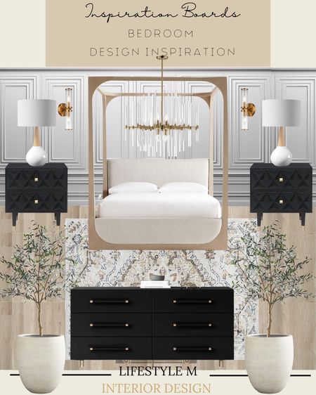 Transitional Bed Room Inspiration. Recreate the look at home. Wood canopy bed, black dresser, black night stand, white tree planter pot, faux fake tree, bed room rug, bedroom chandelier, wood table lamp, wall sconce light, wood floor tile.

#LTKFind #LTKhome #LTKstyletip