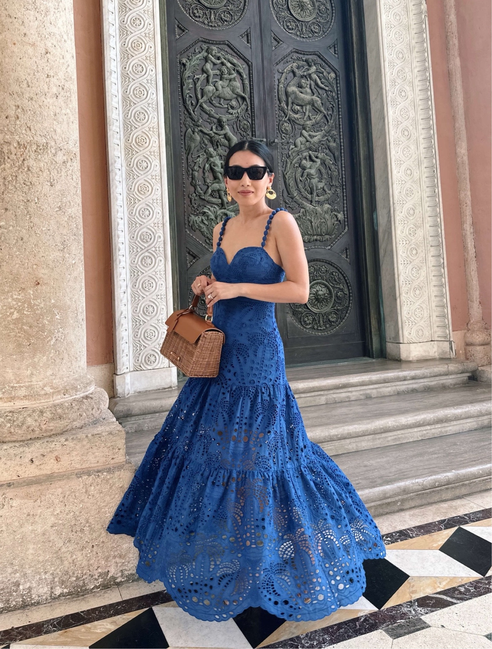  •eyelet lace dress xxs - fit me right off the rack with no alterations needed! I’m 5ft and it hits me at ankle length with flats on. The torso is fitted on me in xxs (fits like a 00) with minimal stretch and back zipper. See my blog post for detailed measurements. I wore this with my schutz platforms or clear slide sandals for evening events and flat sandals for a daytime outing. 
•Modern Picnic luncher -JEAN20 for 20% off - mine is the mini size which is perfect for looking like a chic small purse and is actually insulated which I love for carrying the kids’ snacks in! 
•Saint Laurent sunglasses 
•Sam Edelman sandals sz 5 
•Sézane earrings

#petite summer vacation or wedding guest cocktail dress

#LTKSeasonal #LTKwedding #LTKstyletip