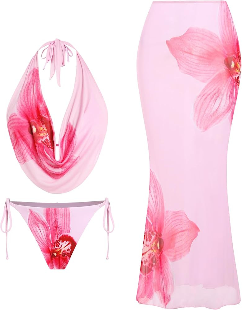 ZAFUL Women's 3 Piece Floral Swimsuit Draped Neck Halter Bikini Tie Side Bathing Suit with Sheer ... | Amazon (US)