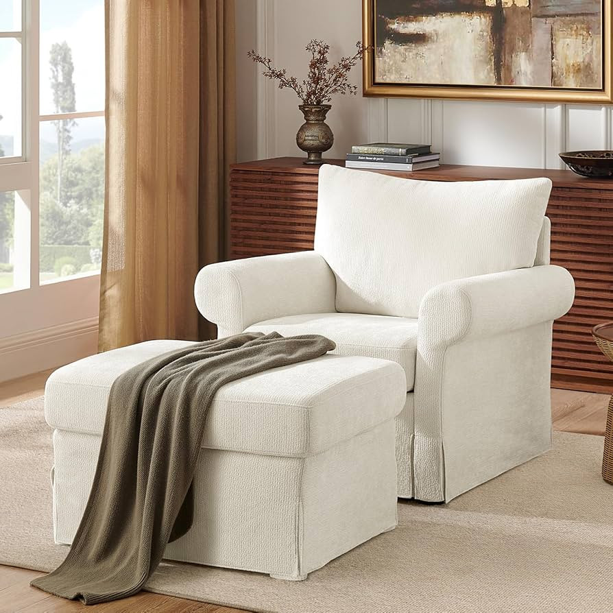 Modern Accent Chairs with Ottoman Set, Comfy Chenille Reading Armchair with Rolled Arms and Cushi... | Amazon (US)