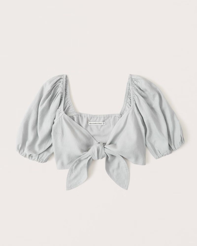 Tie-Front Linen-Blend Puff Sleeve Top | Abercrombie & Fitch (US)