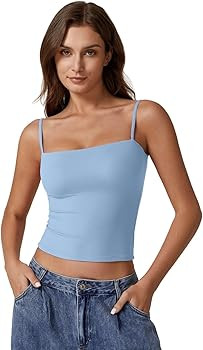 QINSEN Women's Double Lined Basic Tank Top Adjustable Spaghetti Straps Sleeveless Camisole Shirts | Amazon (US)