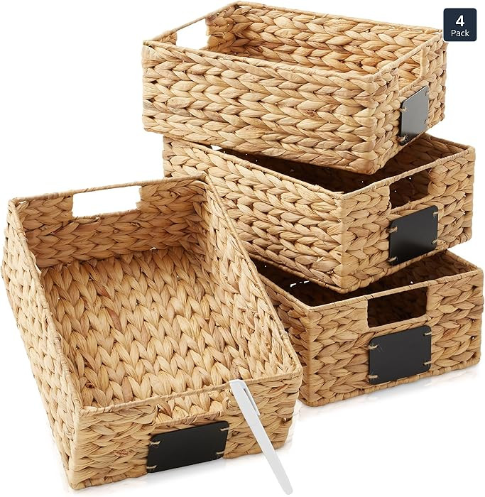 Casafield Set of 4 Water Hyacinth Pantry Baskets, 10" x 13" x 5", with Chalkboard Labels and Chal... | Amazon (US)