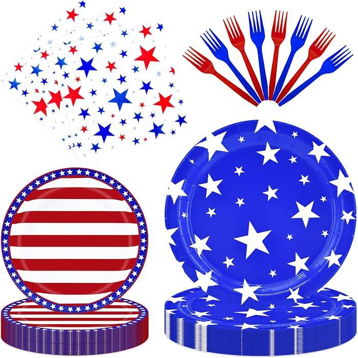 96 Pieces 4th of July Tableware Set – Patriotic Stars and Stripes Disposable Plates, Napkins, and Forks for Independence Day Party, BBQ, Picnic, and Memorial Day Celebrations – Serves 24 Guests | Amazon (US)