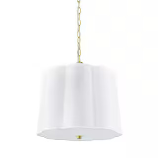 Hampton Bay Closs 60-Watt 3-Light Brushed Gold Shaded Pendant Light with White Scalloped Fabric S... | The Home Depot