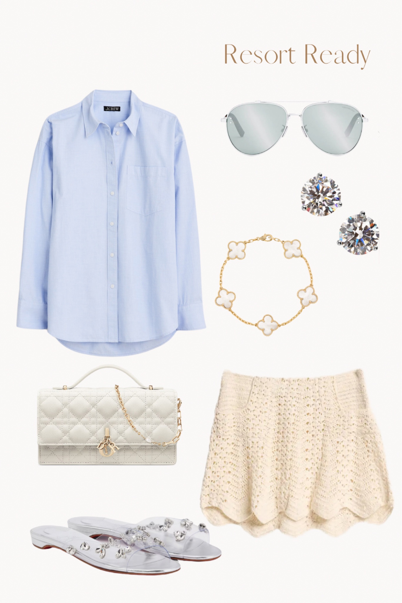Resort Ready, summer outfit, crochet skirt, blue Oxford shirt, button down shirt, white handbag, sunglasses, aviator 

#LTKSeasonal #LTKStyleTip #LTKShoeCrush
