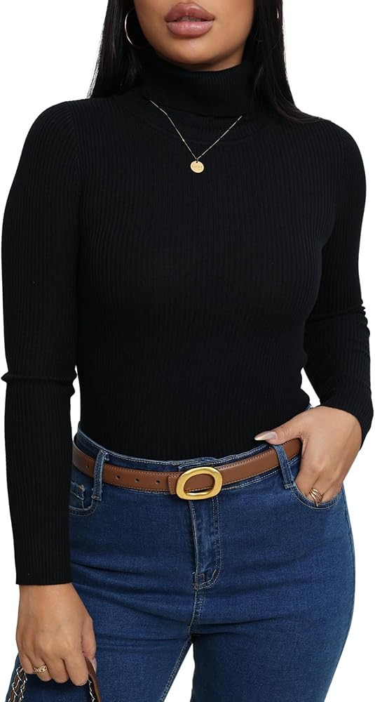 Turtleneck Ribbed Sweaters for Women Cute Sexy Knitted Warm Fitted Sweater | Amazon (US)