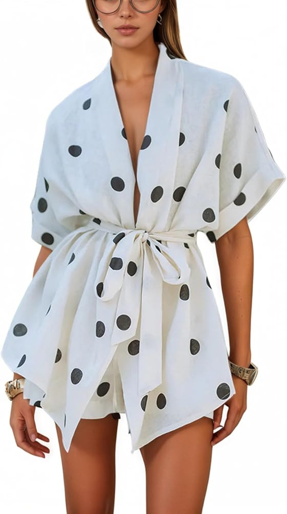 OCUH Polka Dot Set Kimono Top Wide Leg Drawstring Shorts 2 Piece Lounge Set Women Beach Cover Ups... | Amazon (US)