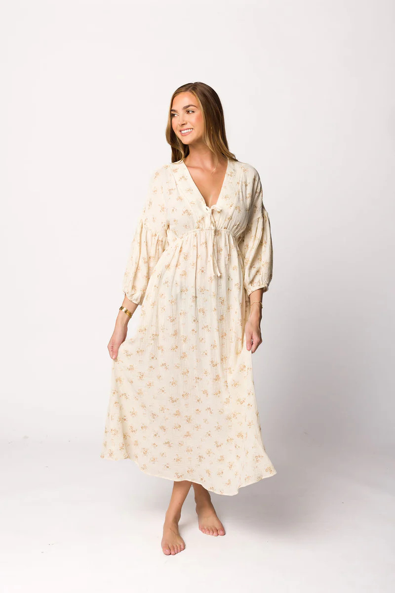Hunter 100% Cotton Gauze Midi Dress in Taupe Floral - Bump Friendly | Worth Collective