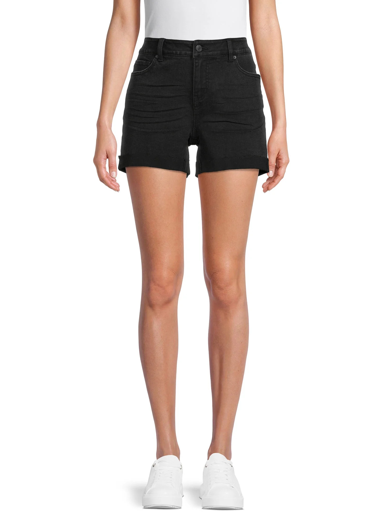 Time and Tru Women's Mid Rise Frayed Hem 4" Denim Short | Walmart (US)