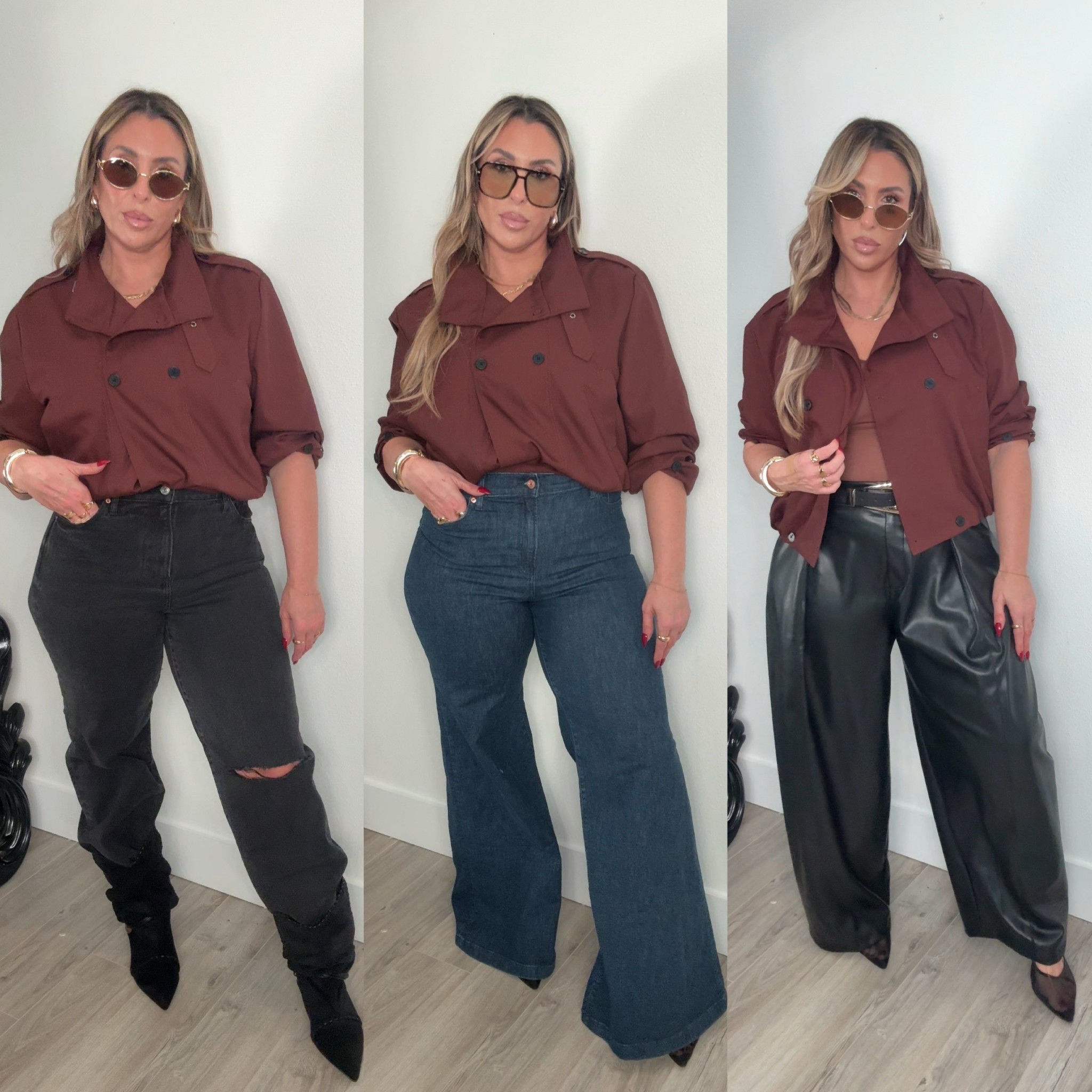 Midsize Fall Fashion: styling a funnel jacket 3 ways 

Jacket size L

1st outfit 
Express Jeans 12L (TTS some stretch) 
Amazon Kitten heel boots 

2nd outfit 
Gap Jeans 31 Tall (12) These are high stretch. (still have 2 inches to spare with 3 inch heels on) 
Mesh Amazon heels (very comfortable) 

Outfit 3
Asos black faux leather barrel pants size 10 (size down; run very oversized) 
Amazon Mesh Heels and belt (look for less) 
mesh brown tank size L (very stretchy) 

#LTKFindsUnder50 #LTKMidsize #LTKFindsUnder100