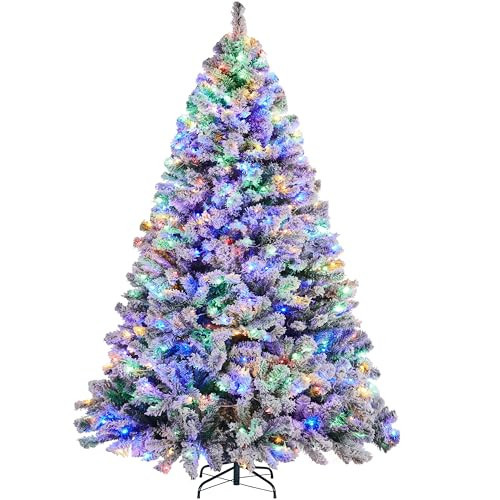 Yaheetech 6ft Pre-lit Spruce Artificial Christmas Tree Snow Flocked Hinges Tree with 250 Multicolor LED Lights & 820 Branch Tips & Metal Stand for Home, Office, Party Decoration, Green & White | Amazon (US)