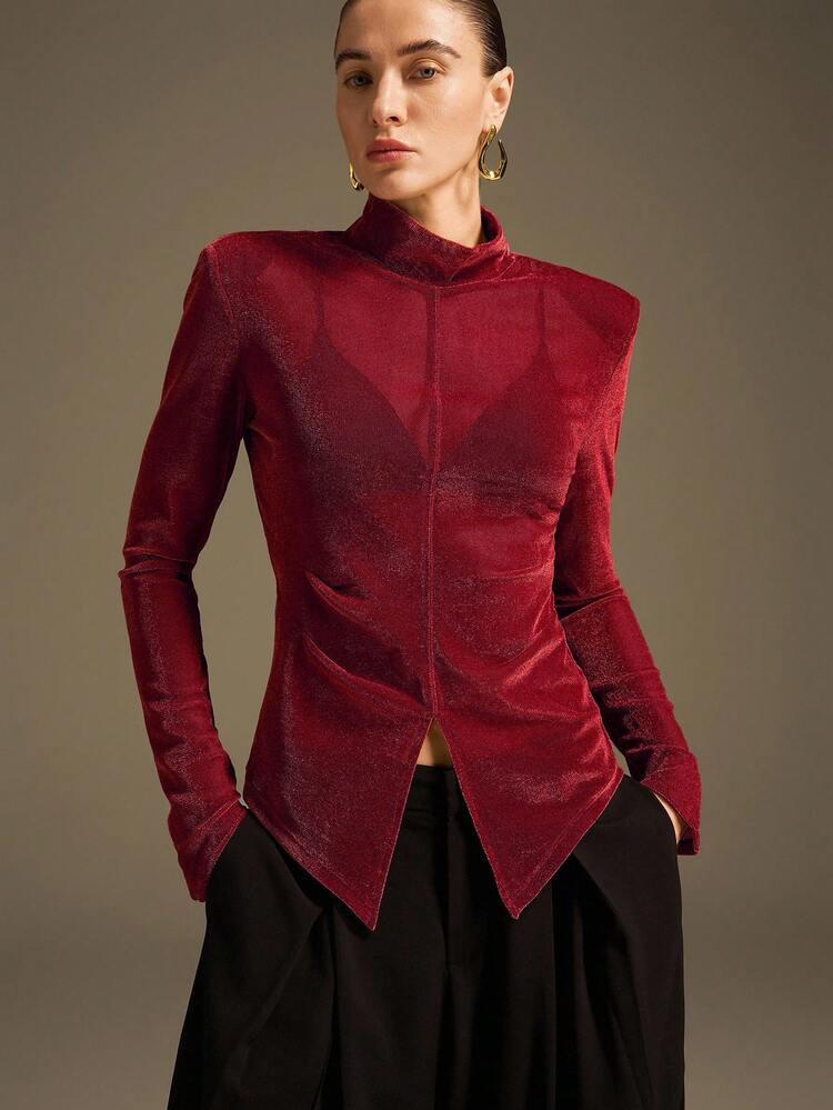 Ontre Women's Slim Fit High Neck Long Sleeve Slit Hem Blouse, Versatile For Urban Commute, Business Casual, Office Wear, Elegant For Valentine's Day Party, Red Basic Top For Outings | SHEIN
