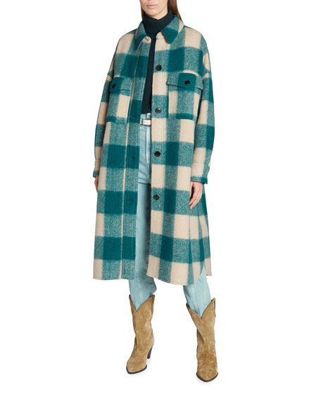 Etoile Isabel Marant Fontizi Plaid Wool Long Coat | Neiman Marcus