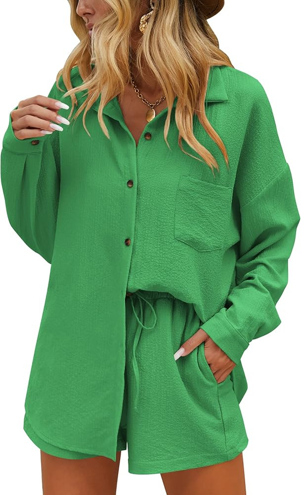 Ekouaer Women 2 Piece Sets Lounge Sets Summer Outfits Button Down Shirts and Casual Shorts with P... | Amazon (US)