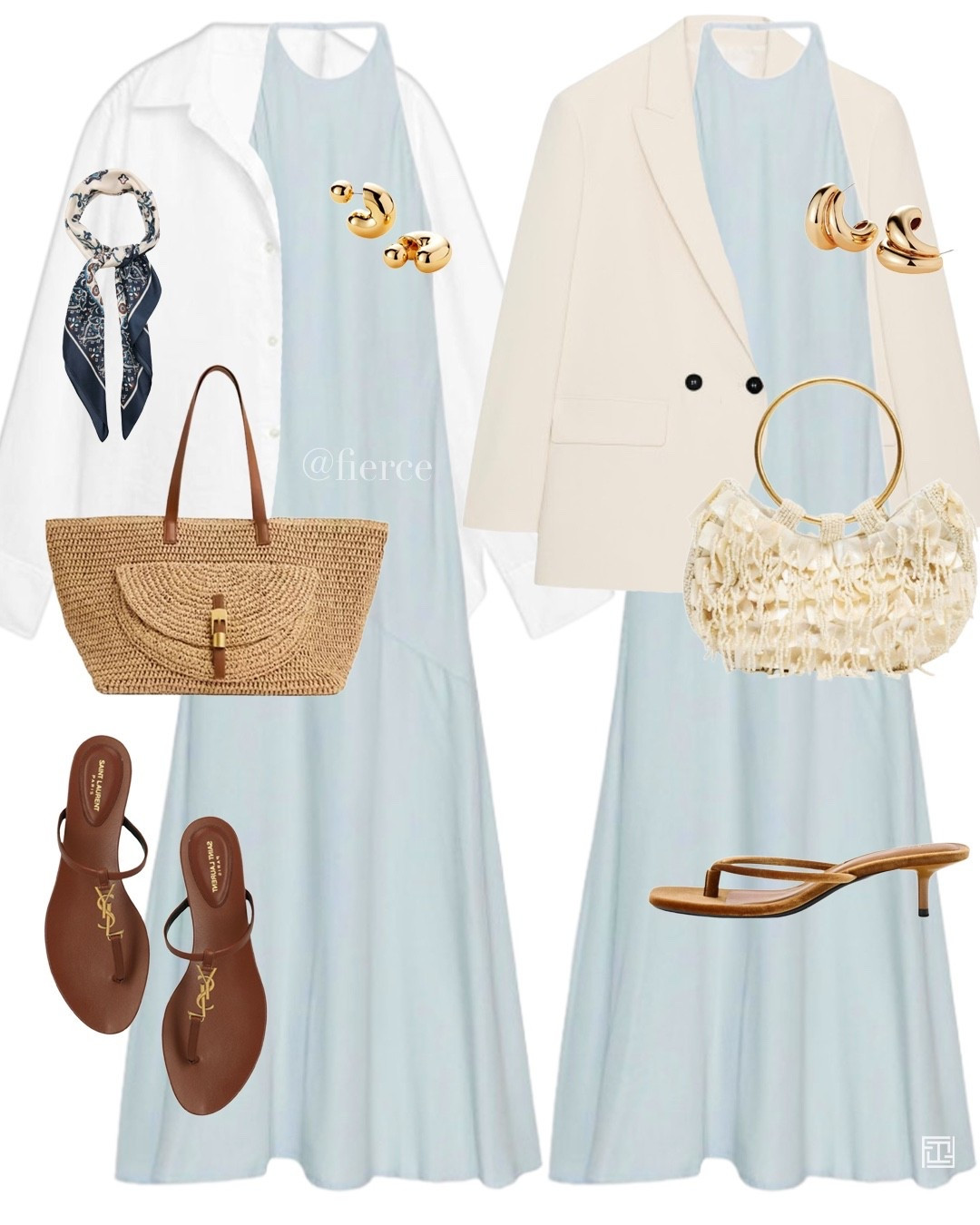 Blue dress brown sandals white linen shirt cream blazer suede heeled sandals printed scarf embellished bag 

#LTKdresses #LTKspring #LTKwedding