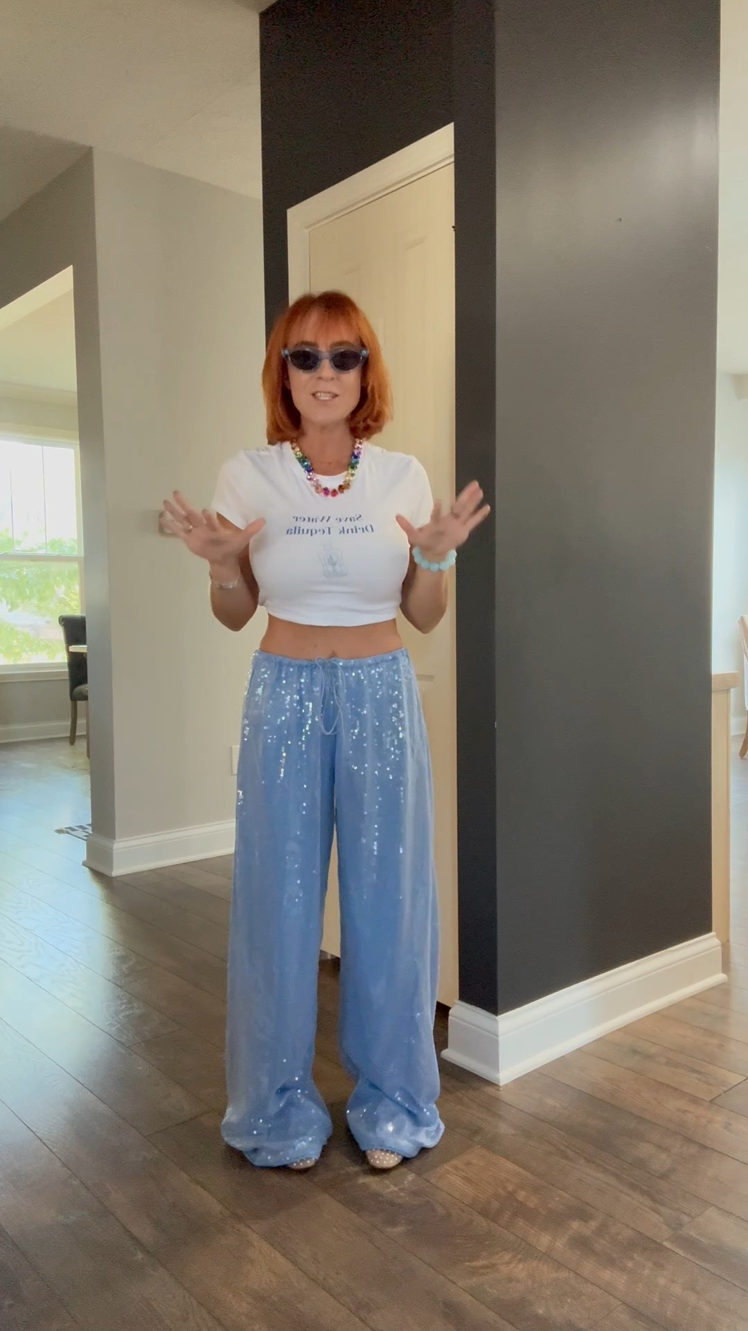 Sequin pants - cropped graphic tee - Cabo outfit - Vegas outfit - airport outfit 

#LTKTall #LTKFindsUnder50 #LTKStyleTip