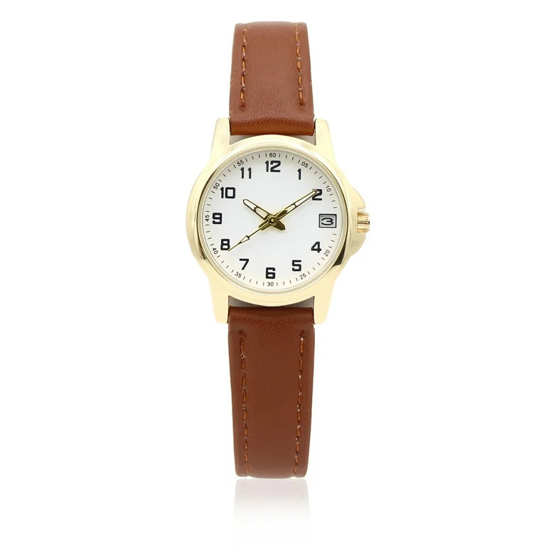 Time & Tru Ladies' Gold Tone Watch with PU Brown Strap and Date Function, 26.5 MM | Walmart (US)