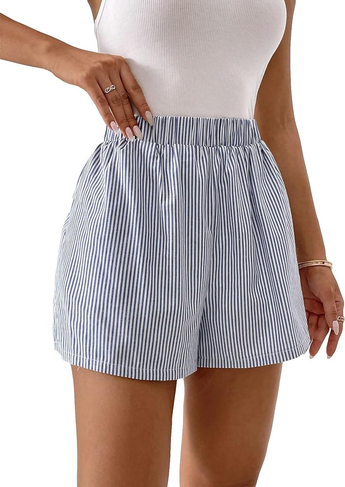 COZYEASE Women's Striped Print Elastic Waist Shorts Casual Wide Leg Mini Shorts with Pockets | Amazon (US)