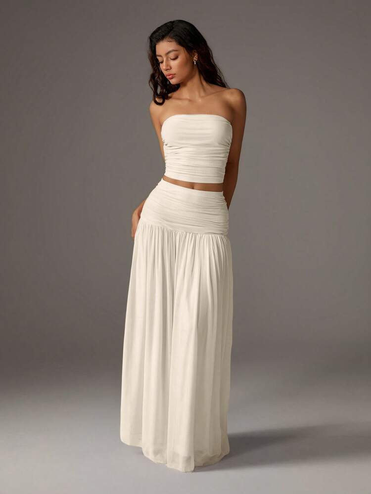 SHEIN Unity Women's Mesh Solid Color Fashionable Cropped Bustier And Maxi Skirt 2-Piece Set | SHEIN