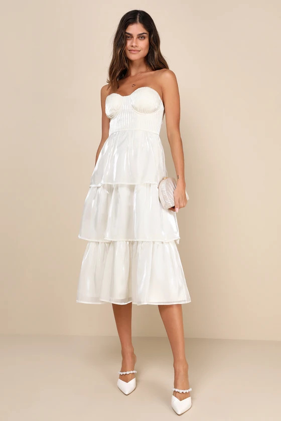 Com-pleat-ly Charming Ivory Organza Tiered Strapless Midi Dress | Lulus