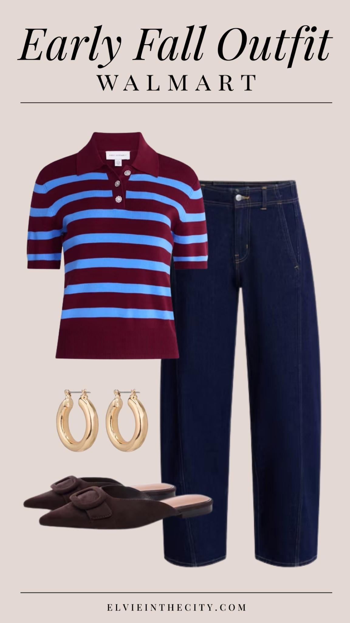 This early fall outfit idea from Walmart includes a short sleeve striped polo sweater, barrel jeans, gold hoop earrings, and faux suede buckle mules. 

Fall outfit inspiration, outfit idea, teacher outfit, over 50 style, fashion over 40

#LTKOver40 #LTKootd #LTKPetite