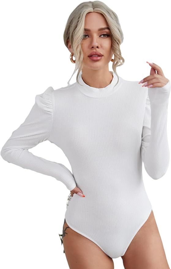 Milumia Women Puff Long Sleeves Elegant Retro Mock Neck Bodysuits Work Tops | Amazon (US)