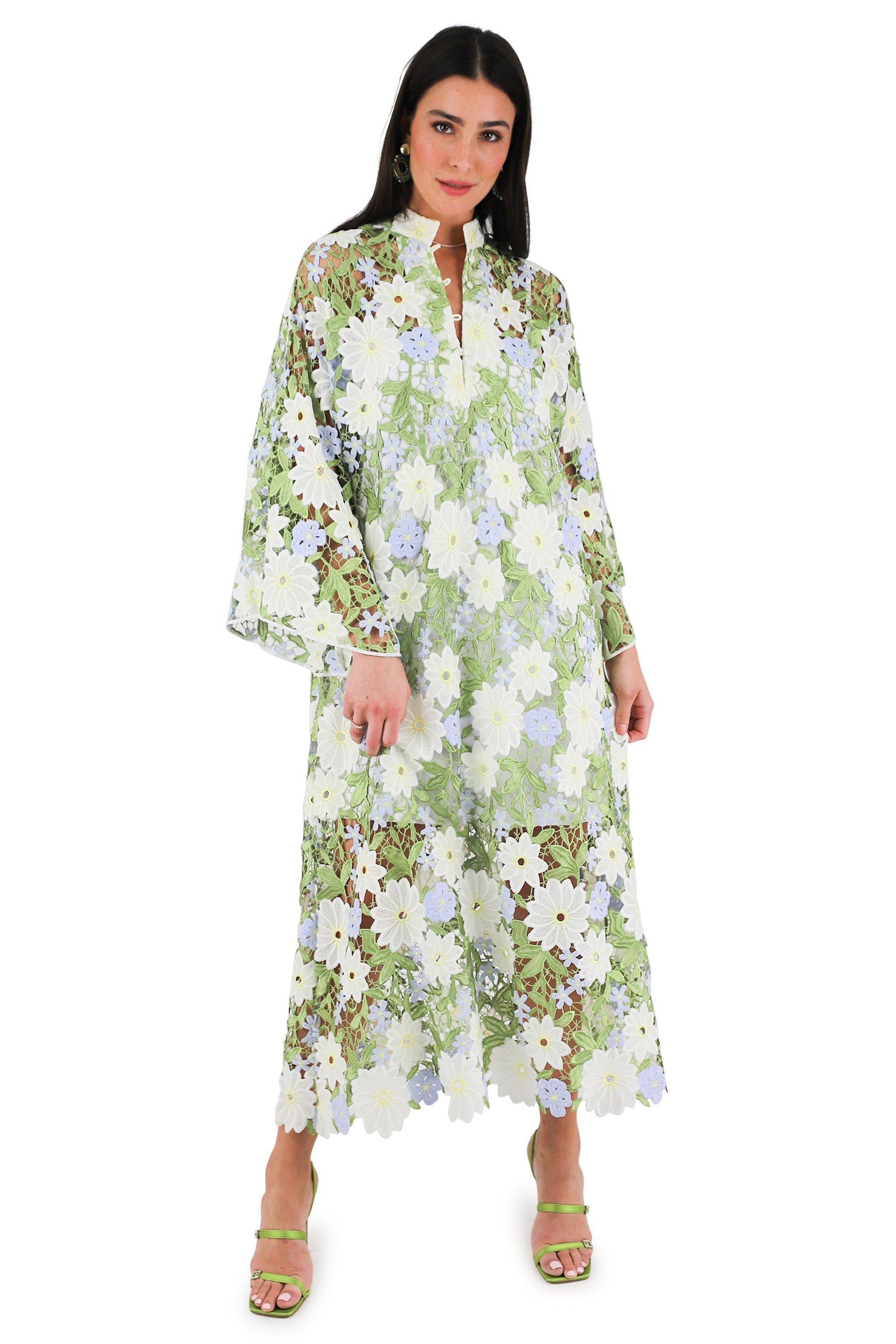 no. 0070 blue green & yellow floral lace maxi caftan | La Vie Style House