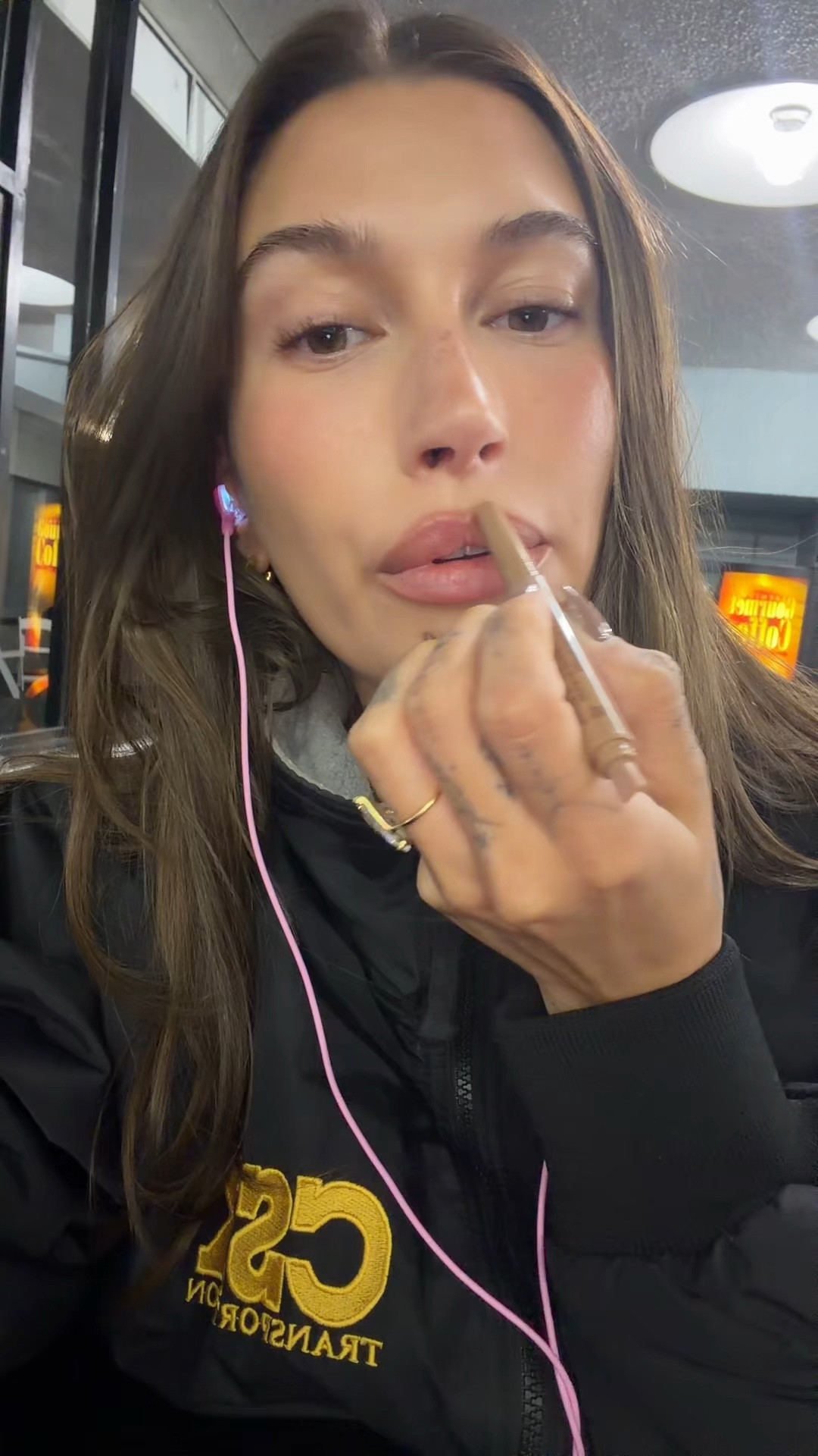 @HaileyBieber via TikTok on Thursday 🩶 | September 17th 2026

——

Wearing;

- Port Authority Vintage CSX Jacket
- @Rhode Peptide Lip Shape in ‘Twist’ ($24.00)
- @MPHBeauty The Overliner in ‘Skinny Dip’ ($25.00) & Top Coat Lip Gloss in ‘Wild Thing’ ($26.00)