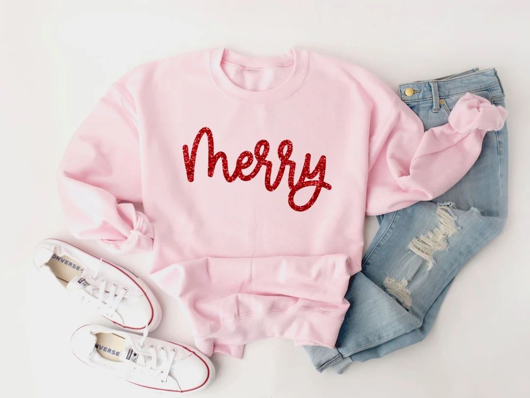 Glitter Merry Sweatshirt Merry Pullover Holiday Sweater - Etsy | Etsy (US)