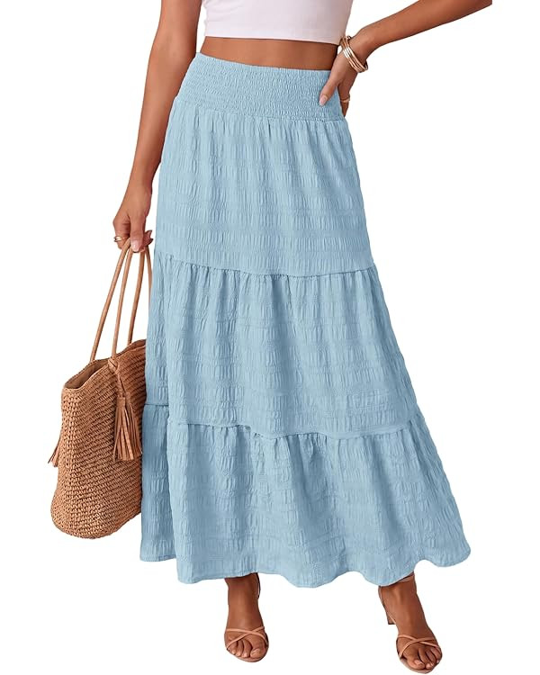 Women's Boho Maxi Skirts 2026 Summer Smocked Tiered A Line Long Flowy Beach Vacation Skirt with P... | Amazon (US)