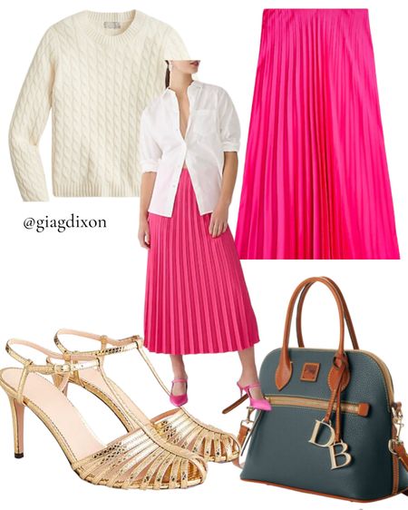 #Statement #pink and jewel tones are all year round, but especially perfect for cooler seasons to lift the regularly grey mood.

A #pleated #skirt is a must-have in my wardrobe – mini, midi, or maxi. 

#Gold #heels are# French girl #style approved. 

The #cable #knit #cream #sweater is a staple for the layering season.

This #Dooney and #Bourke bag in forest green is amazing #leather high #quality.

#Hermes #mules are also my go-to for everyday wear. 

The #shades are because I always blink in photos haha.

You can check out my #uniform on giagdixon.com!


#LTKSeasonal #LTKHoliday #LTKCyberweek