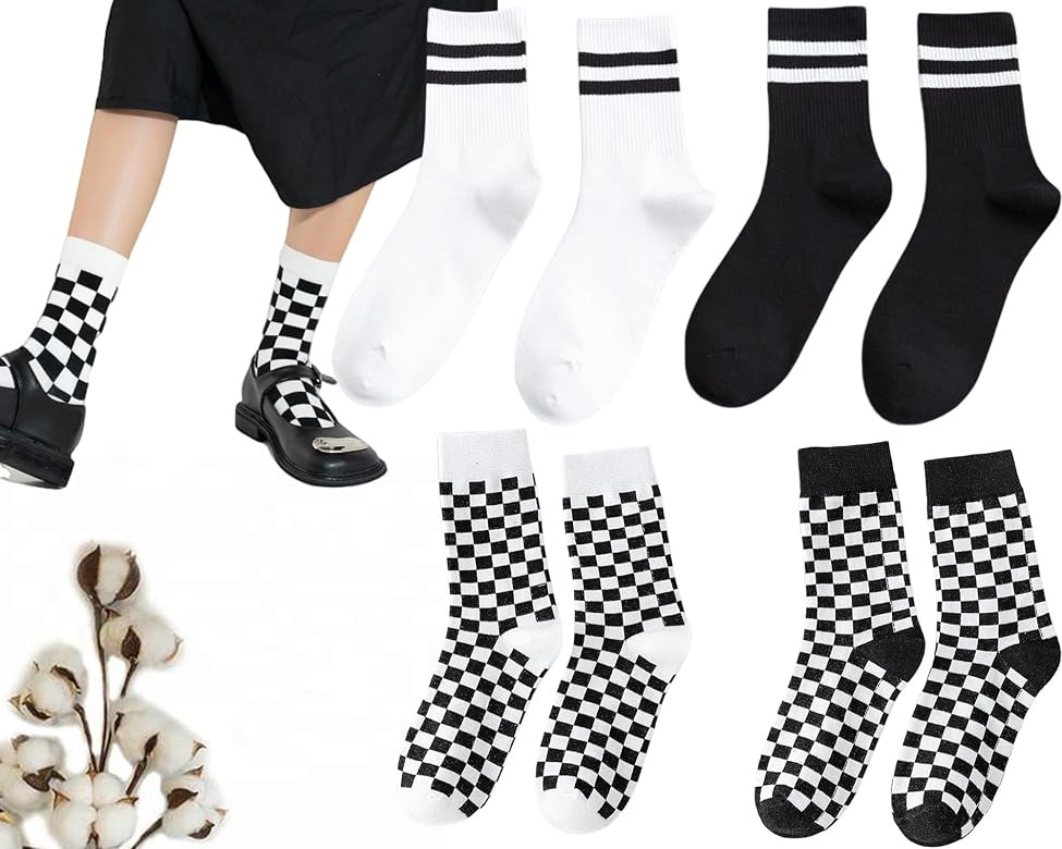 CHUNFO Womens Crew Socks Plaid Striped Casual Running Athletic White Grey Brown Checkerboard Crew... | Amazon (US)