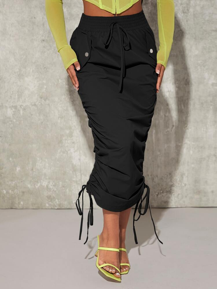 SHEIN SXY Drawstring Waist Ruched Side Button Detail Pencil Skirt | SHEIN