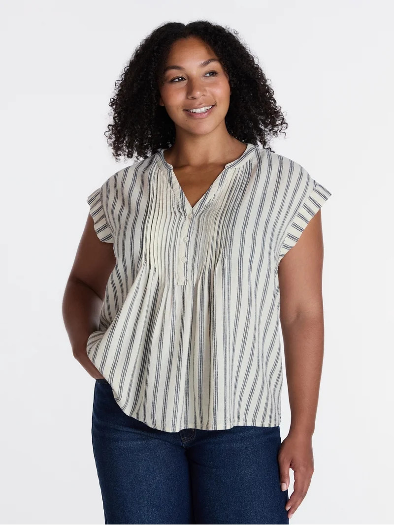 Time and Tru Women's Linen Blend Pintuck Top with Short Sleeves, Size XS-XXXL | Walmart (US)