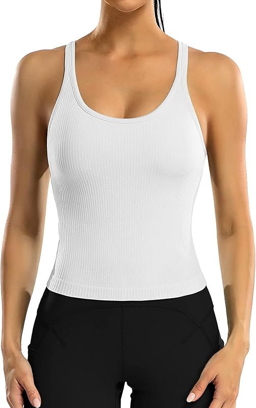 ATTRACO Women Ribbed Workout Crop Tops with Built in Bra Yoga Racerback Tank Top Tight Fit | Amazon (US)