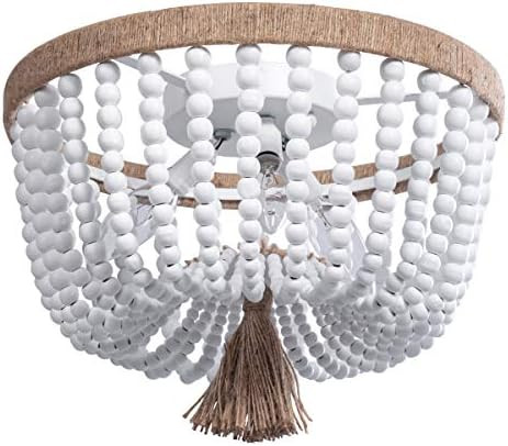 VILUXY Bohemia Wood Beaded Flush Mount Ceiling Light Antique Rustic Mini Chandelier White Finishing  | Amazon (US)