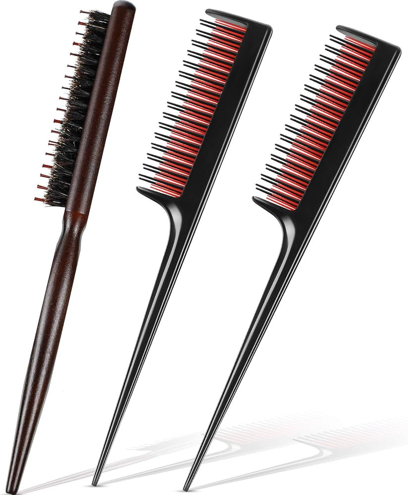 3 Pieces Teasing Comb for Women Include 2 Triple Teasing Comb Rat Tail Combs and Boar Bristle Bru... | Amazon (US)