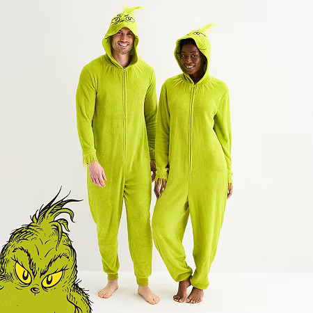 Unisex Adult Dr. Seuss Grinch Fleece Hooded Long Sleeve Matching Family One Piece Pajama, Small, Green | JCPenney