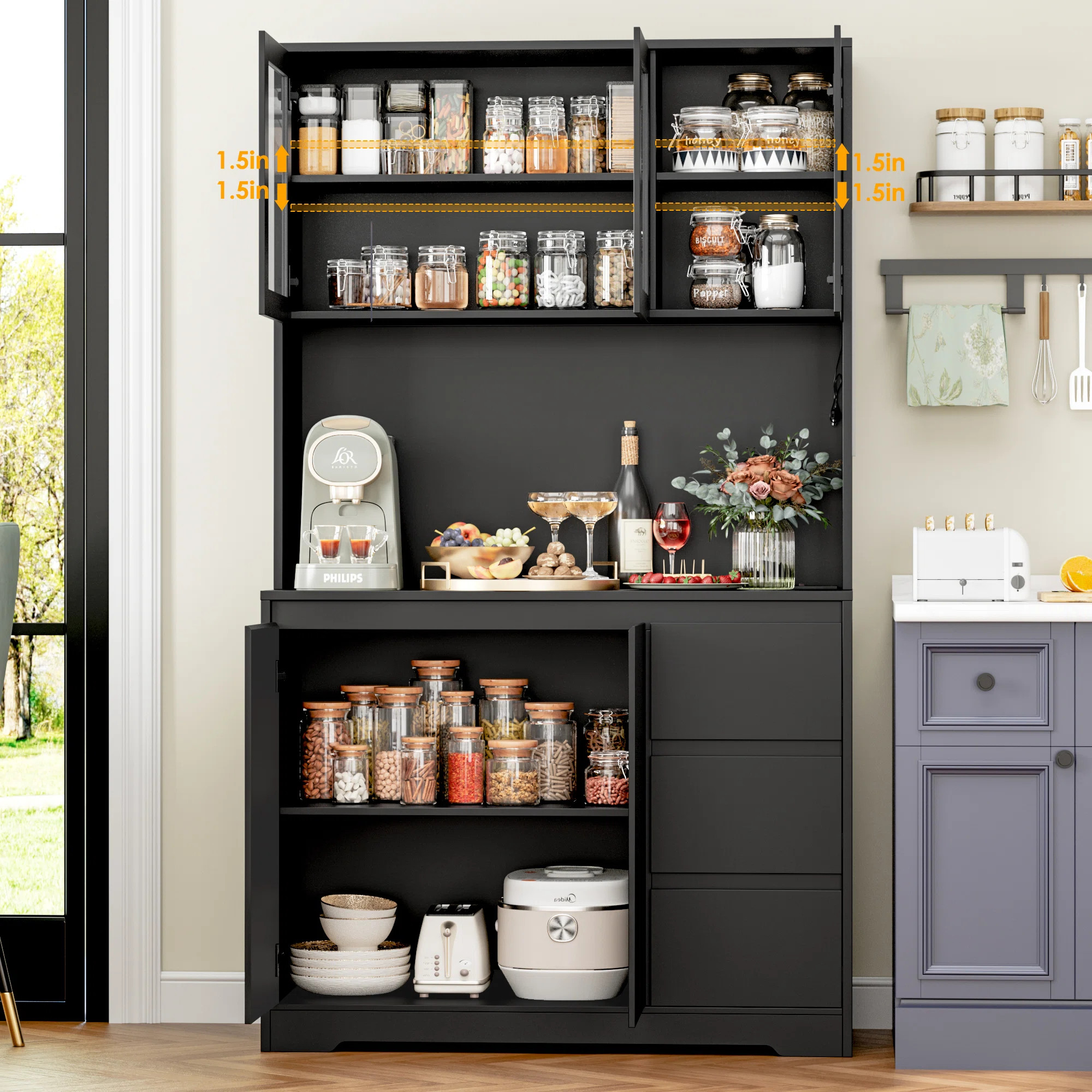 Ebern Designs Satavia 70.9'' Kitchen Pantry with LED Lights and Charging Station, Microwave Shelf... | Wayfair North America