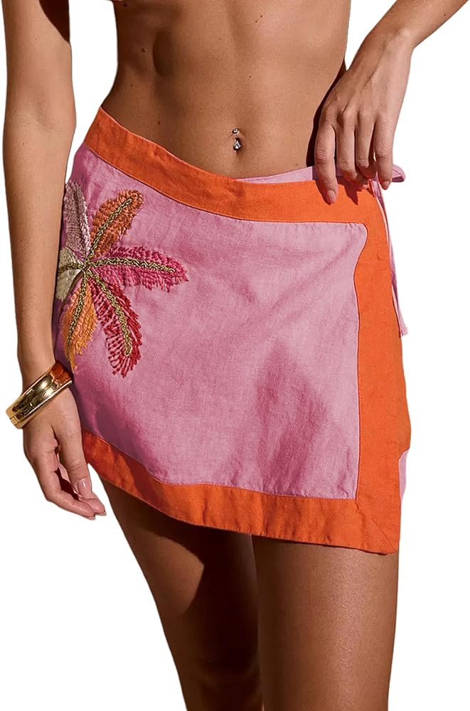 Huaqiao Women's Embroidered Wrap Mini Skirt Summer Cotton Linen Tie Side High Waist A Line Beach ... | Amazon (US)