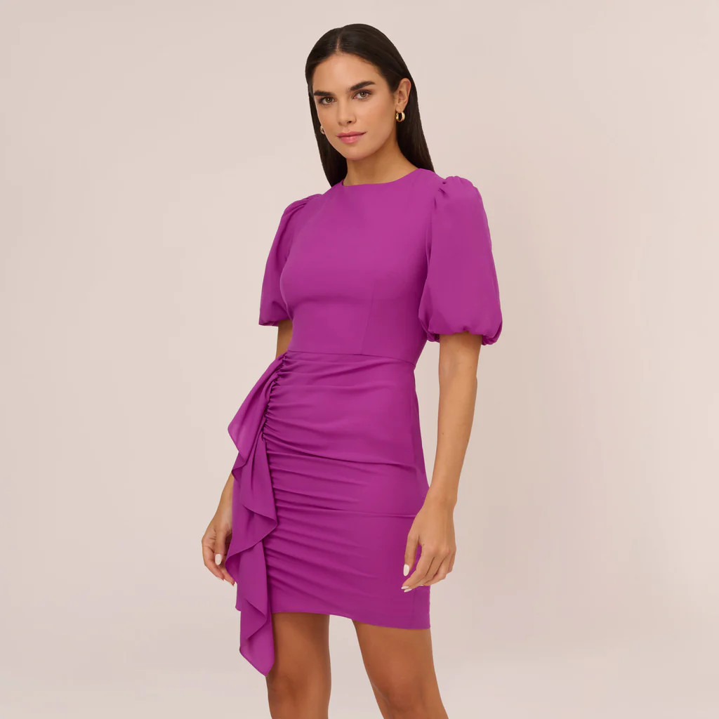 Puff Short Sleeve Sheath Dress With Ruffle Accent In Wild Orchid | Adrianna Papell