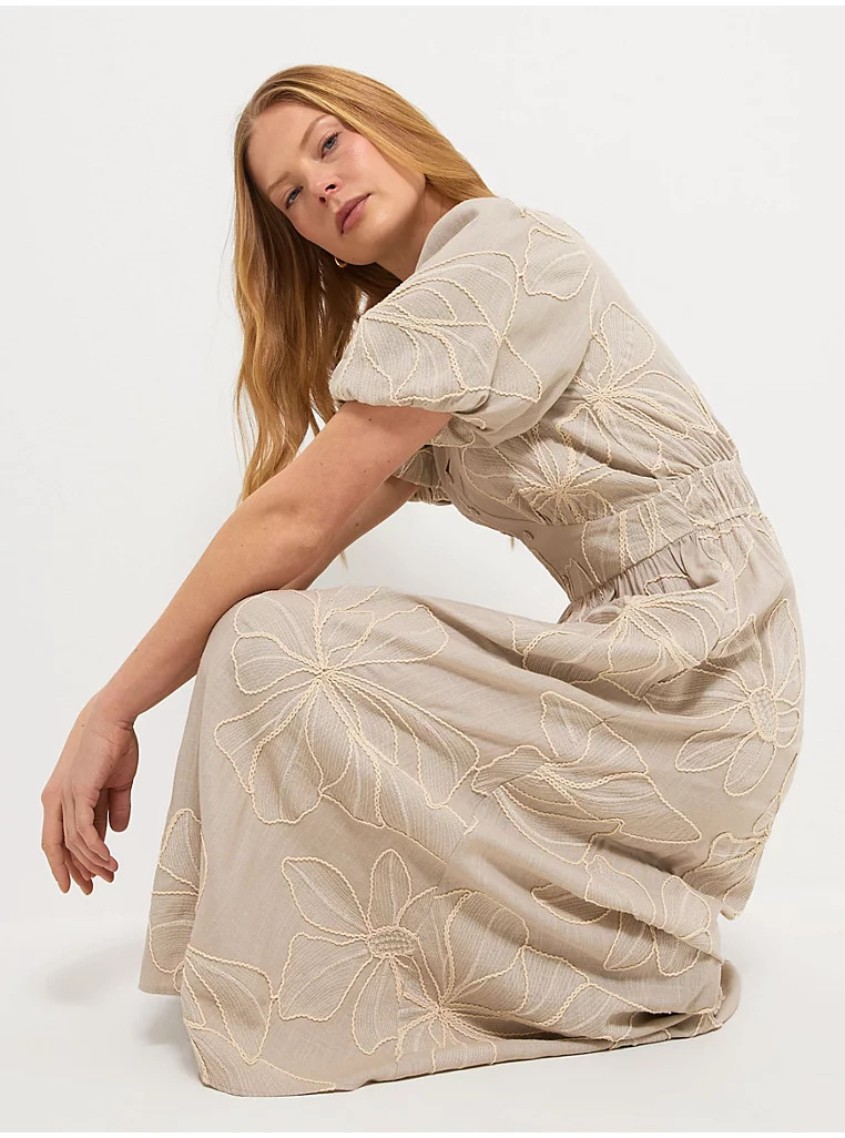 Beige Cornelli Puff Sleeve Midi Dress With Linen | George at ASDA
