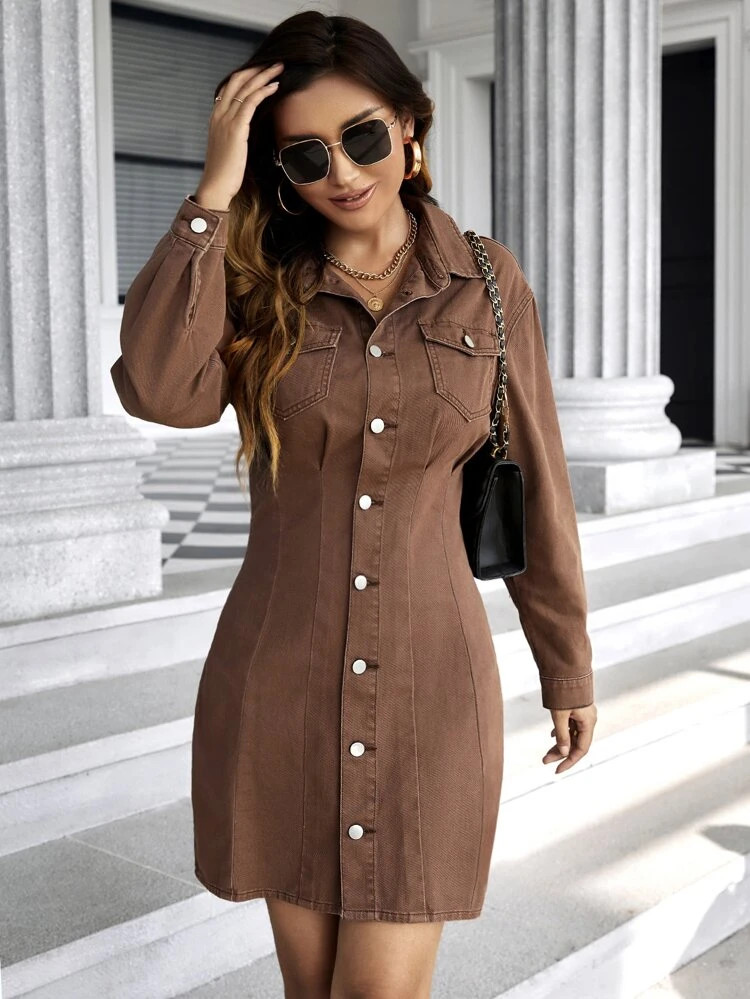 Flap Pocket Single Breasted Shirt Denim Dress | SHEIN