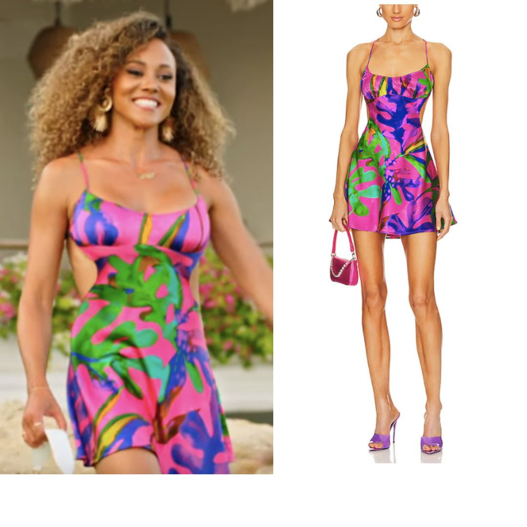Ashley Darby’s Tropical Print Mini Dress on Love Hotel Season 1 Episode 1