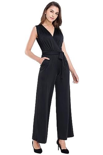 AUQCO Women's V Neck Sleeveless Long Jumpsuit Belted Wide Leg Rompers with Pocket | Amazon (US)