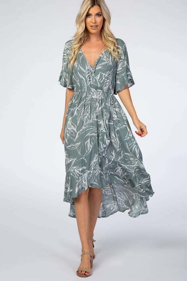 Sage Leaf Print Hi-Low Wrap Midi Dress | PinkBlush Maternity